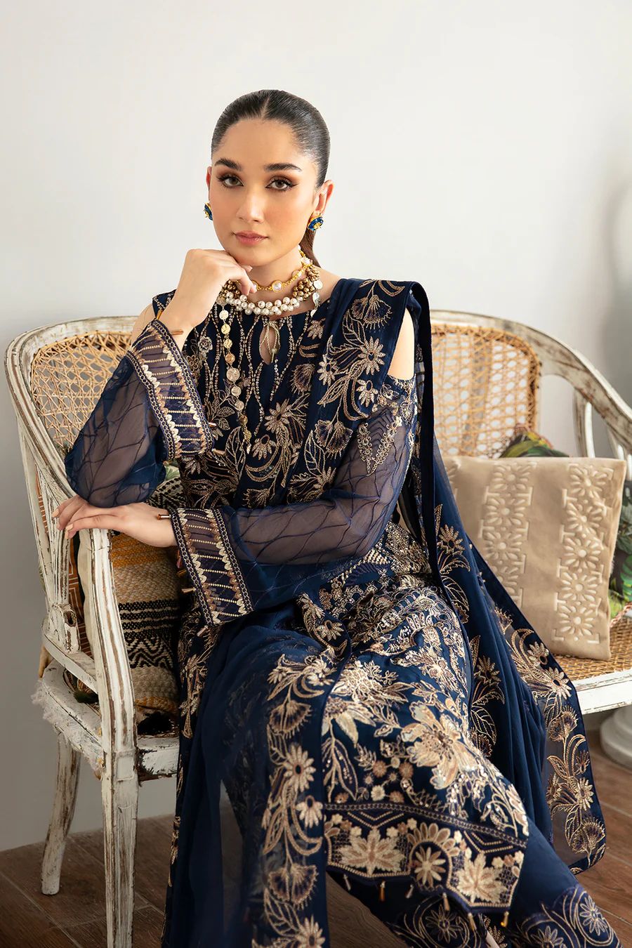 Pure Chiffon Navy Blue Embroidered Wedding Dress - PW422