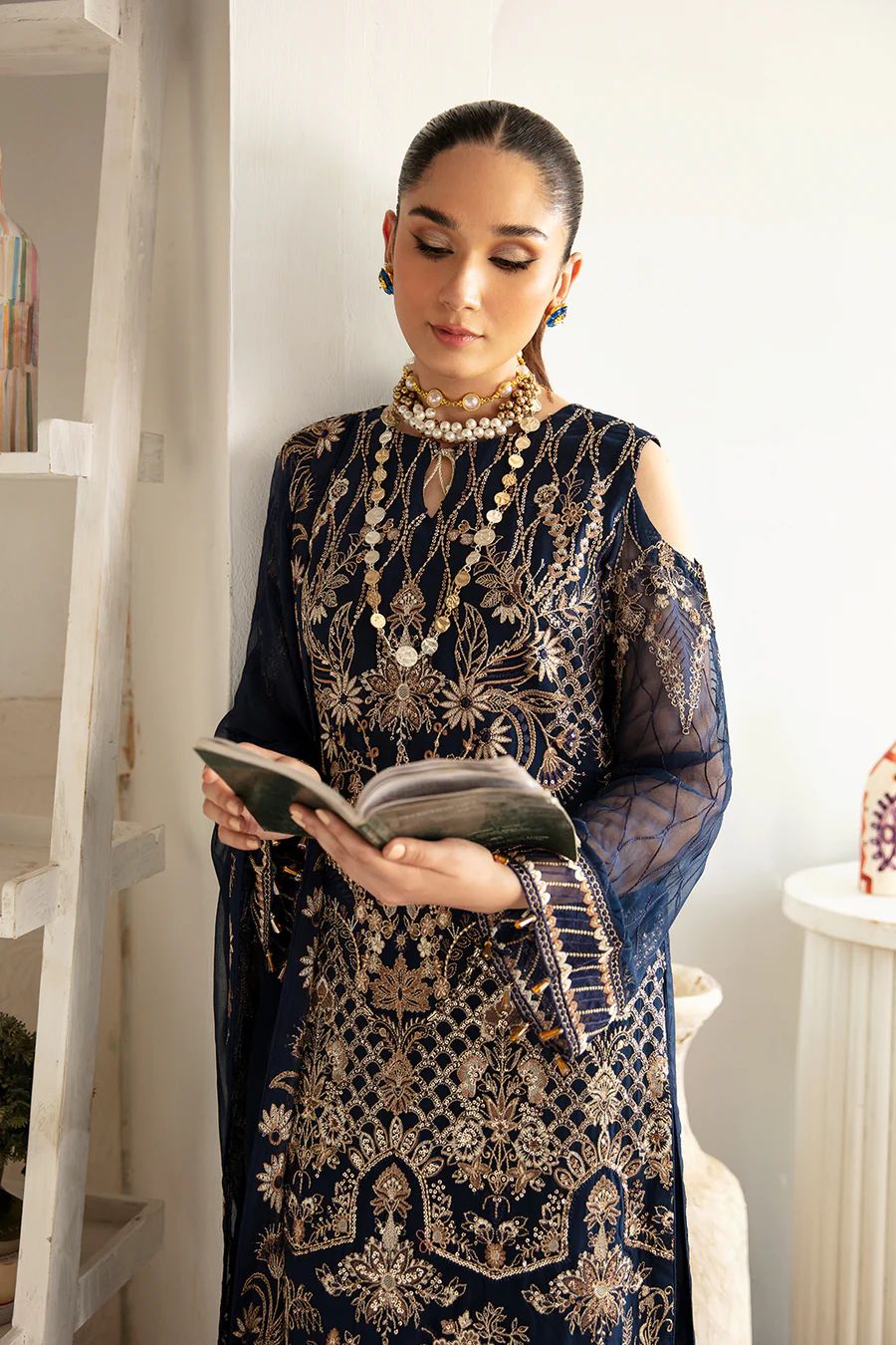 Pure Chiffon Navy Blue Embroidered Wedding Dress - PW422