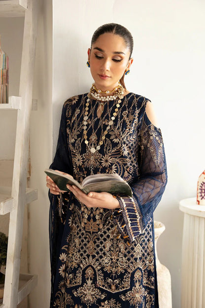 Pure Chiffon Navy Blue Embroidered Wedding Dress - PW422