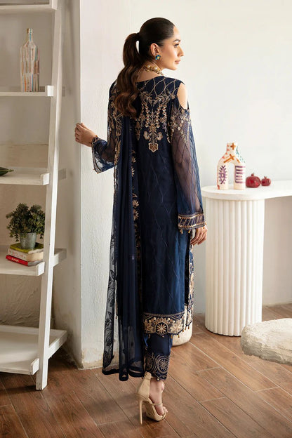 Pure Chiffon Navy Blue Embroidered Wedding Dress - PW422