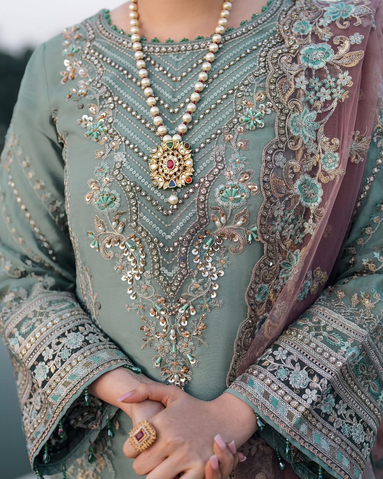 Pure Chiffon Green Embroidered Wedding Dress - PW412