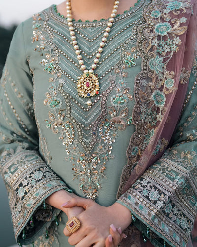 Pure Chiffon Green Embroidered Wedding Dress - PW412