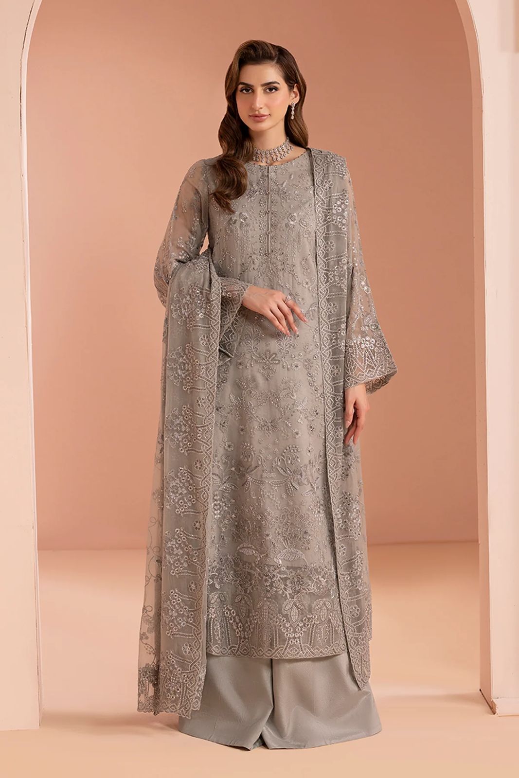 Pure Chiffon Grey Embroidered Wedding Dress - PW415