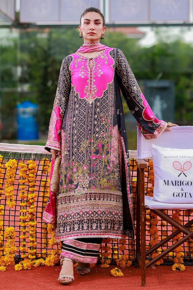 Pure Swiss Lawn Black & Pink Chunri Outfit - LL433