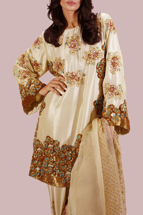 Pure Raw Silk Adda Work Embroidered Wedding Dress - WW427