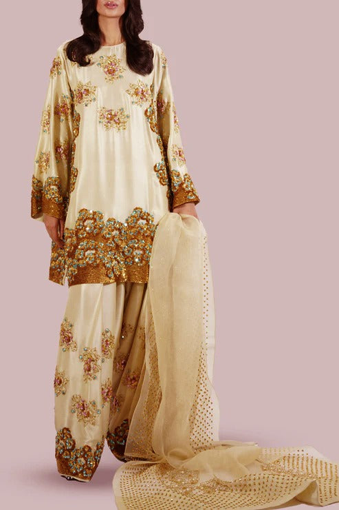 Pure Raw Silk Adda Work Embroidered Wedding Dress - WW427