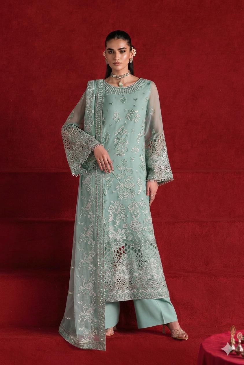 Pure Chiffon Heavy Embroidered Wedding Dress - WW442