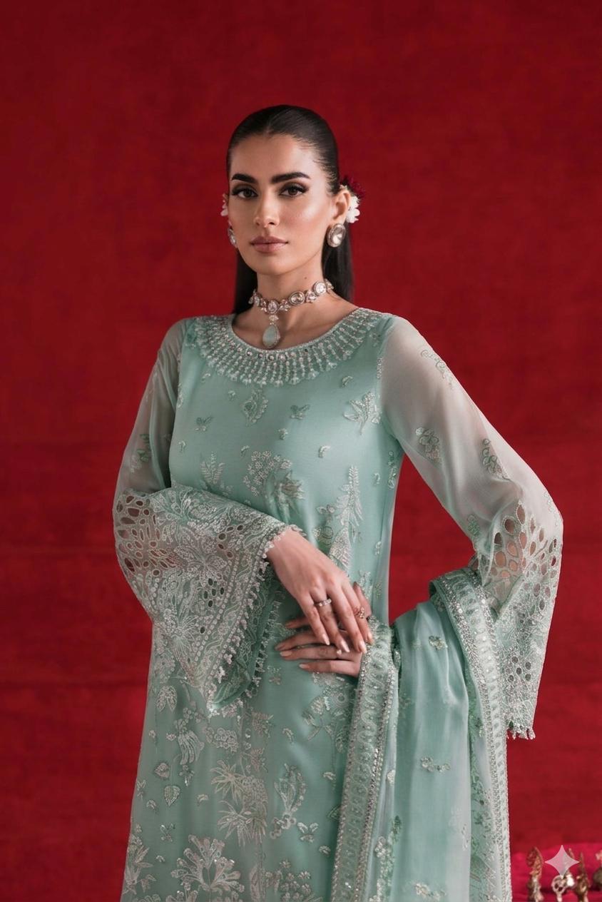 Pure Chiffon Heavy Embroidered Wedding Dress - WW442