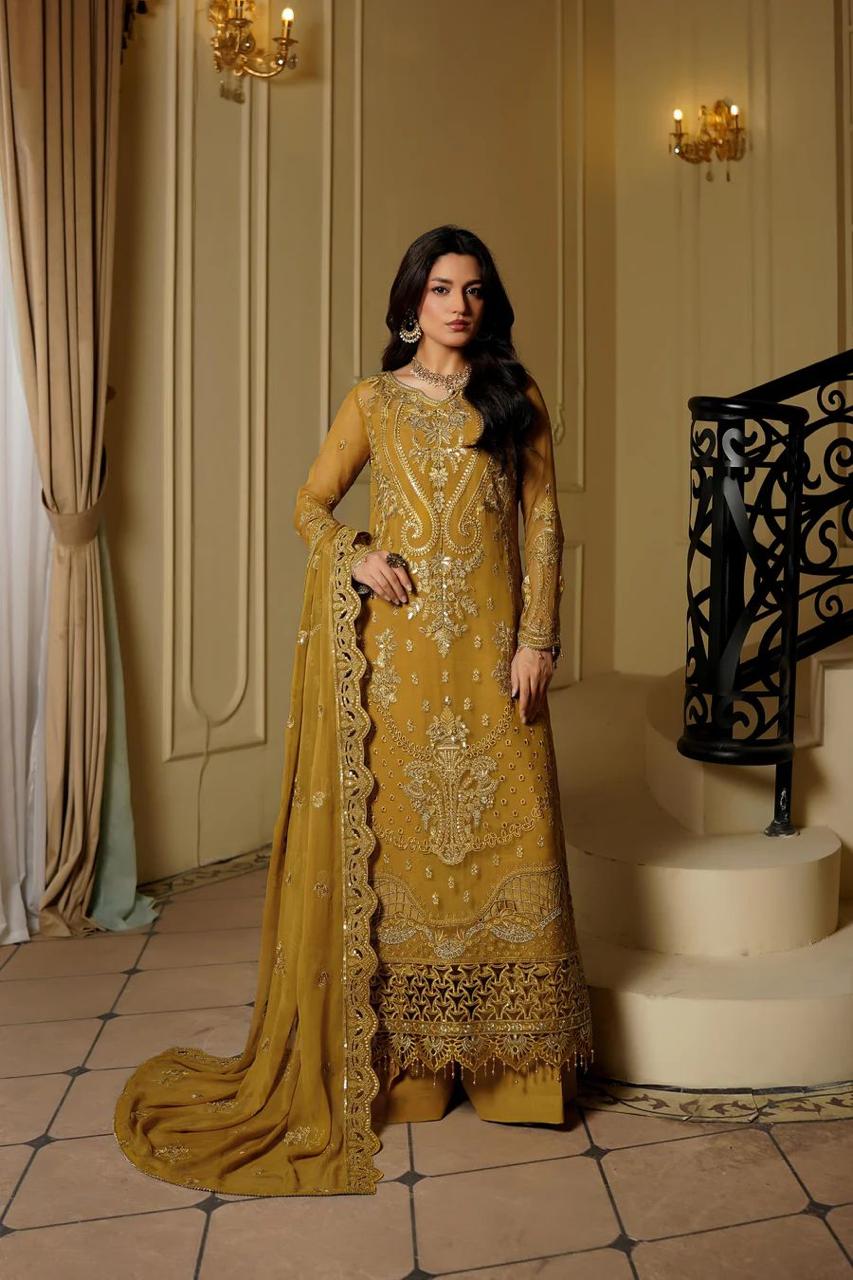 Pure Chiffon Mustard Embroidered Formal Dress - PW521