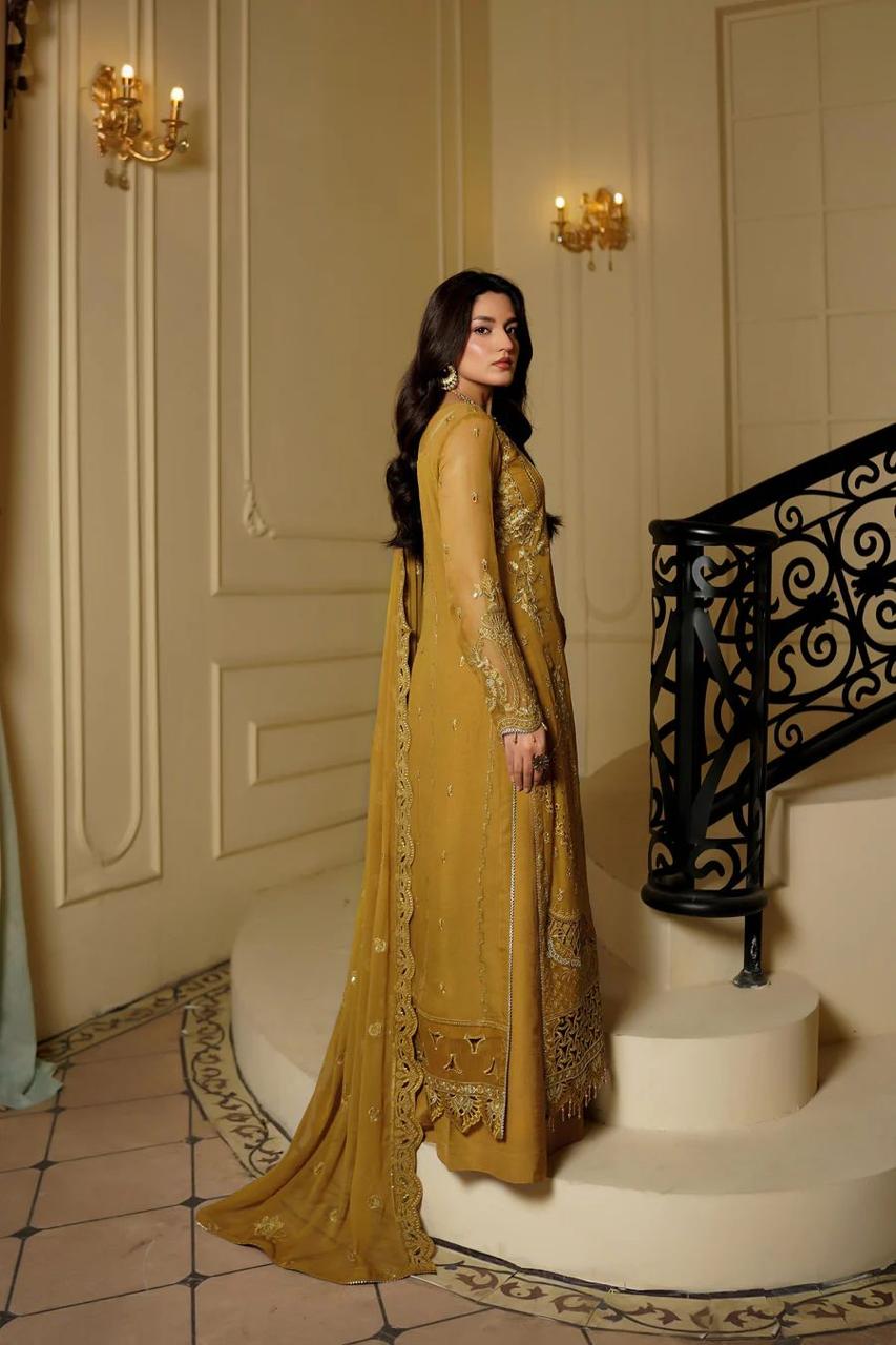 Pure Chiffon Mustard Embroidered Formal Dress - PW521