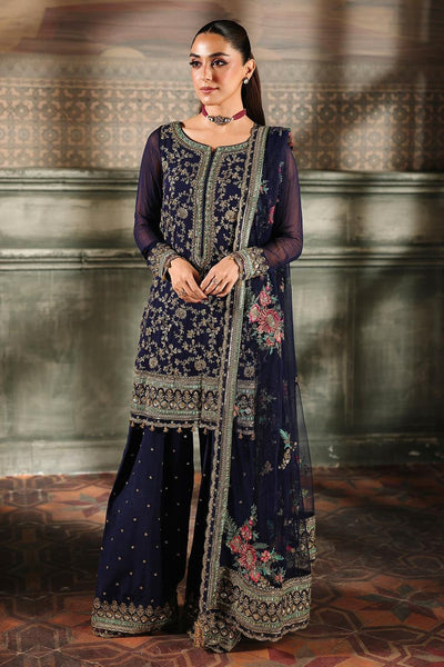 Pure Chiffon Navy Blue Embroidered Formal Dress - WW523