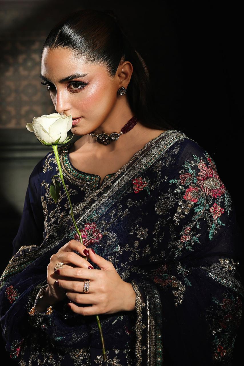Pure Chiffon Navy Blue Embroidered Formal Dress - WW523