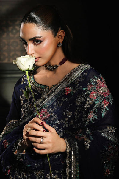 Pure Chiffon Navy Blue Embroidered Formal Dress - WW523