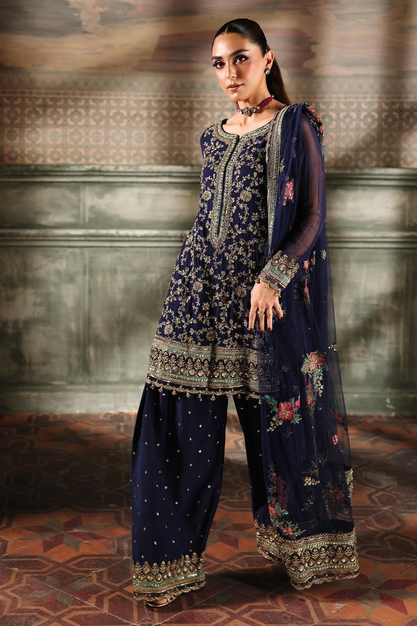 Pure Chiffon Navy Blue Embroidered Formal Dress - WW523