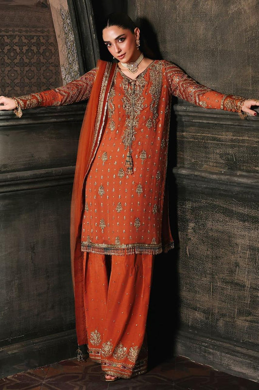 Pure Chiffon Burnt Orange Embroidered Formal Dress - WW519