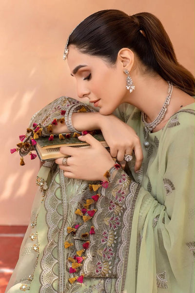 Pure Chiffon Pista Green Embroidered Formal Dress - WW514