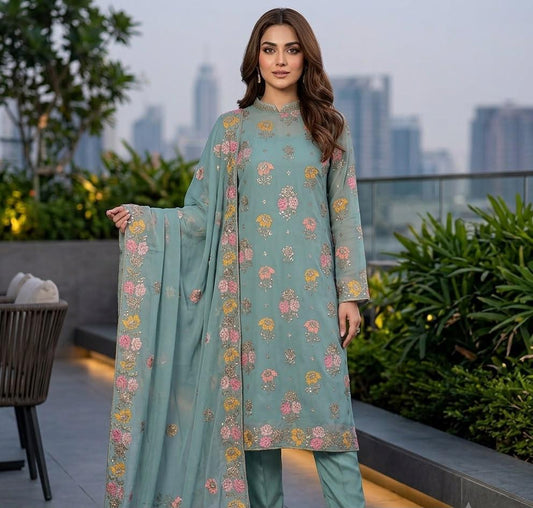 Pure Chiffon Sea Green Embroidered Wedding Dress - PW509