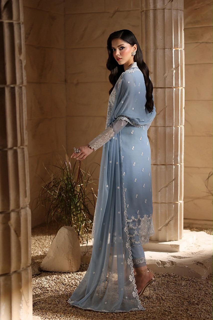 Pure Chiffon Sky Blue Embroidered Wedding Dress - WW513