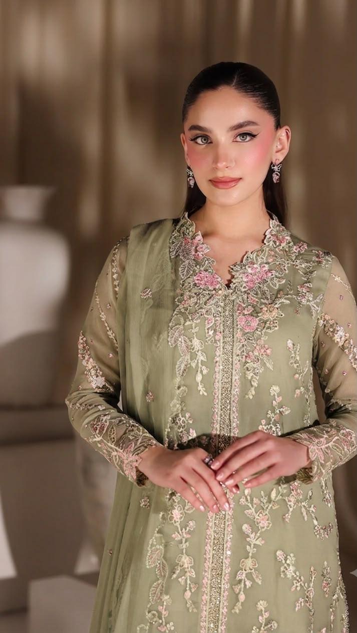 Pure Chiffon Green Embroidered Wedding Dress - WW512