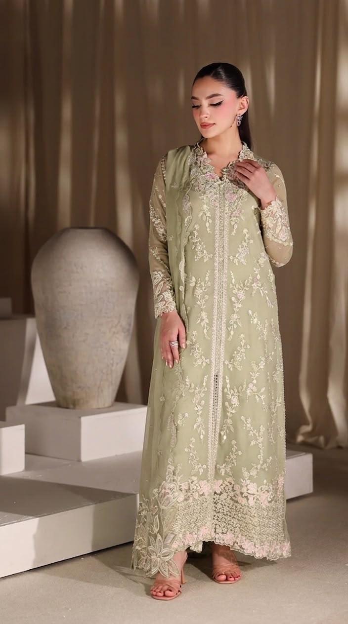 Pure Chiffon Green Embroidered Wedding Dress - WW512