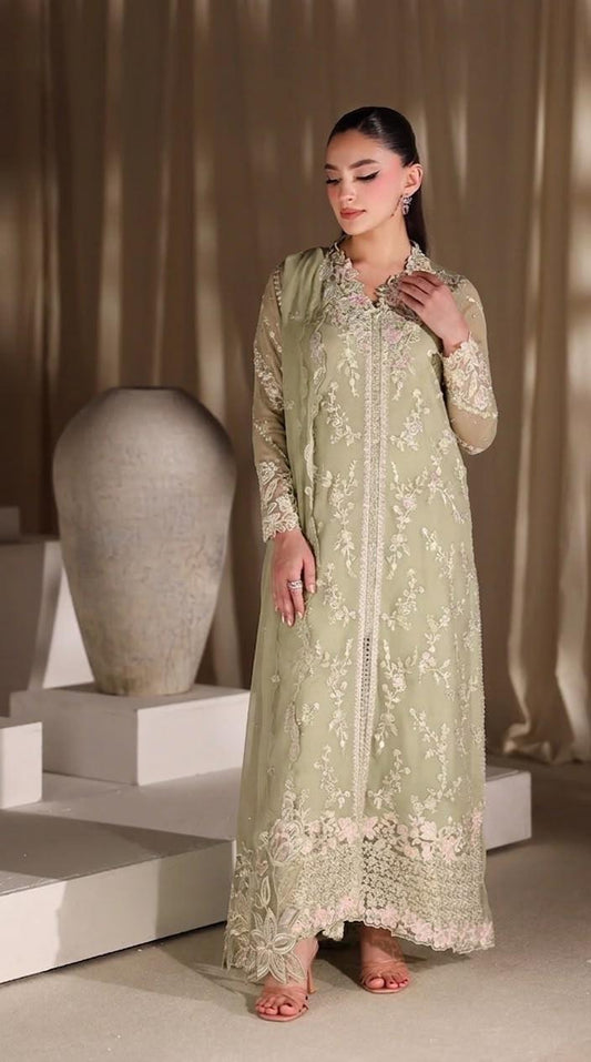 Pure Chiffon Green Embroidered Wedding Dress - WW512