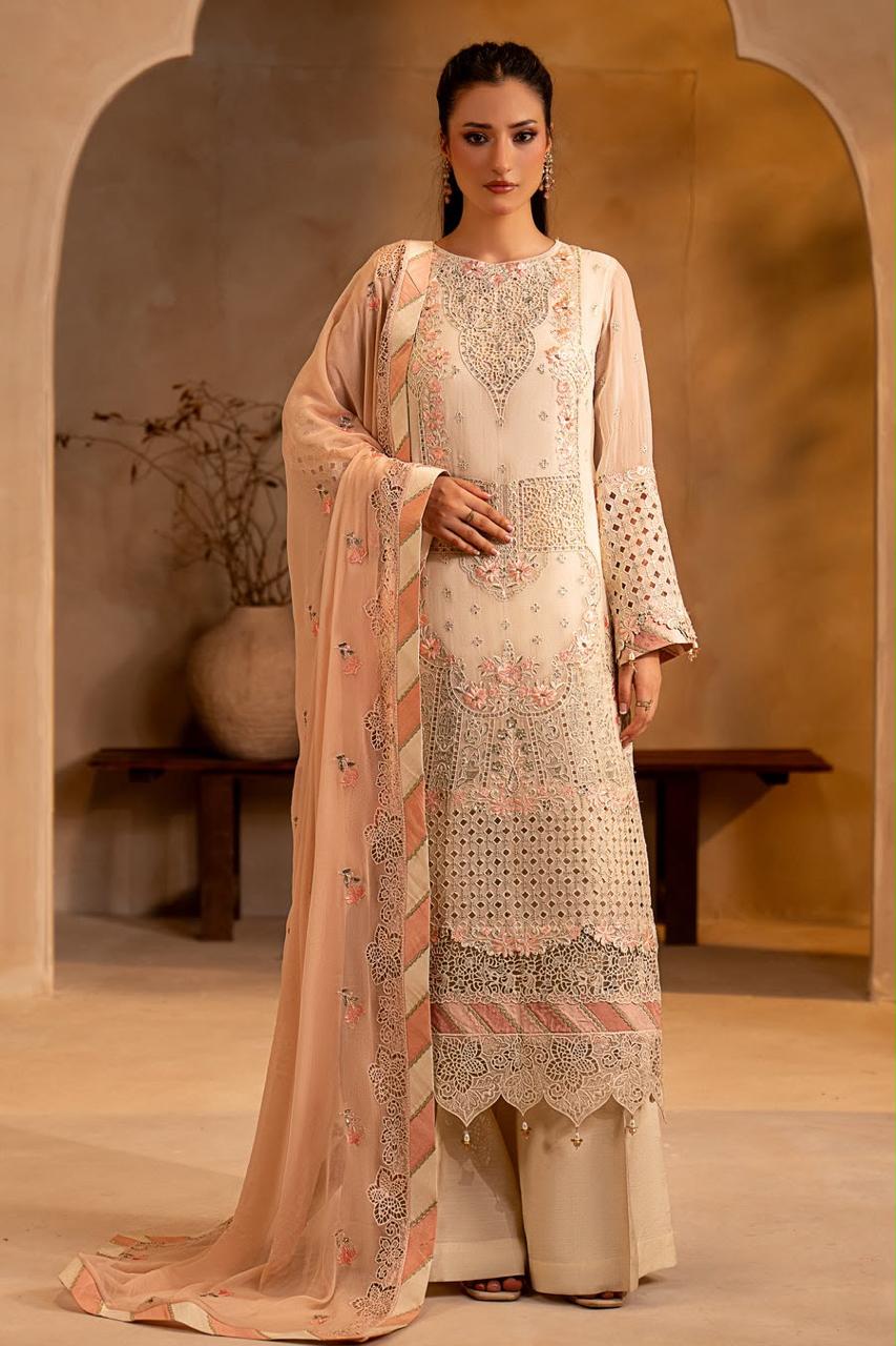 Pure Chiffon Cream & Pink Embroidered Dress - WW607