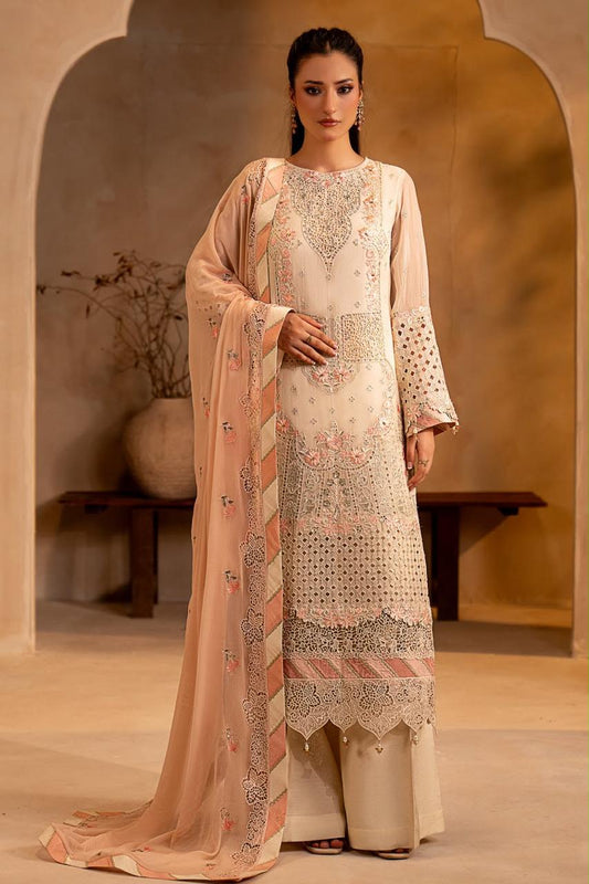Pure Chiffon Cream & Pink Embroidered Dress - WW607