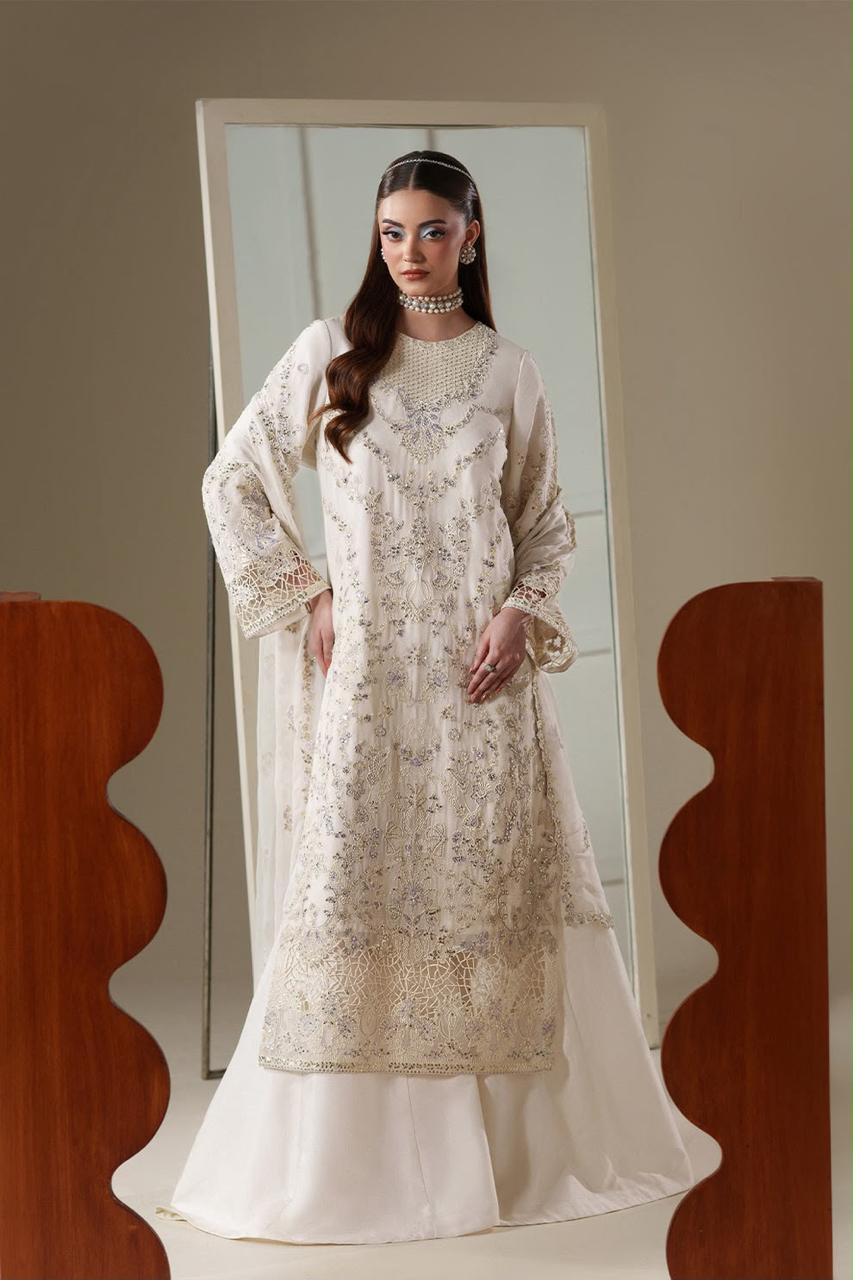 Pure Chiffon Off White Embroidered Dress - WW604