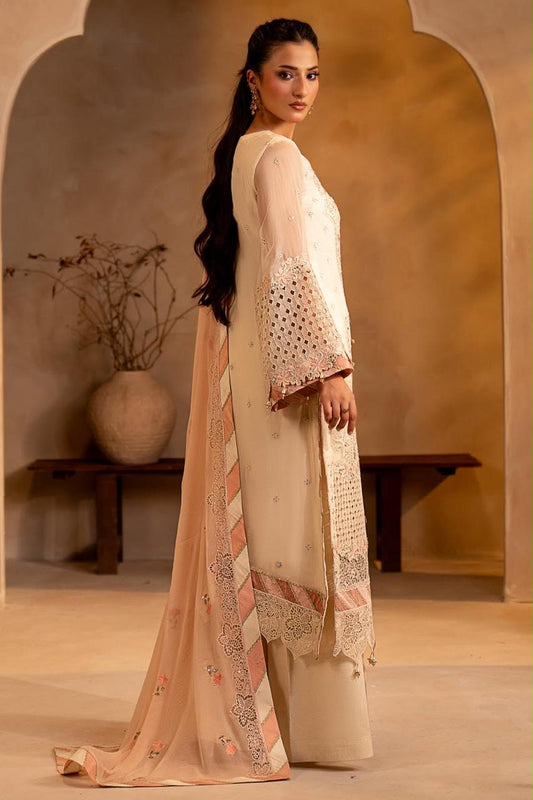 Pure Chiffon Cream & Pink Embroidered Dress - WW607