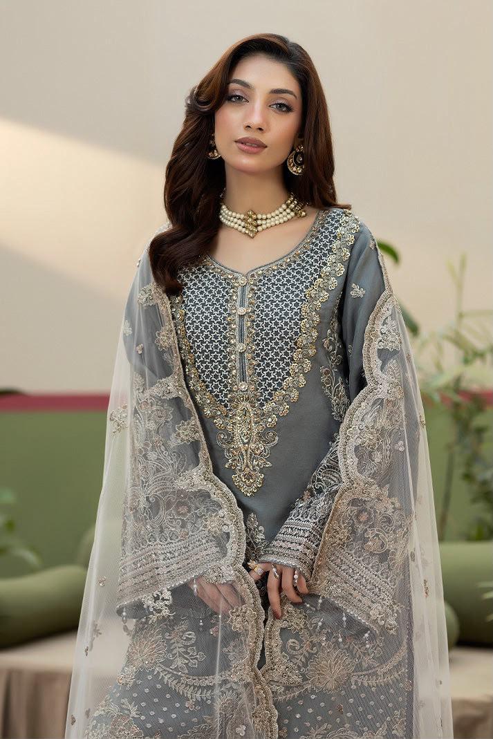 Pure Chiffon Grey Embroidered Dress - WW607