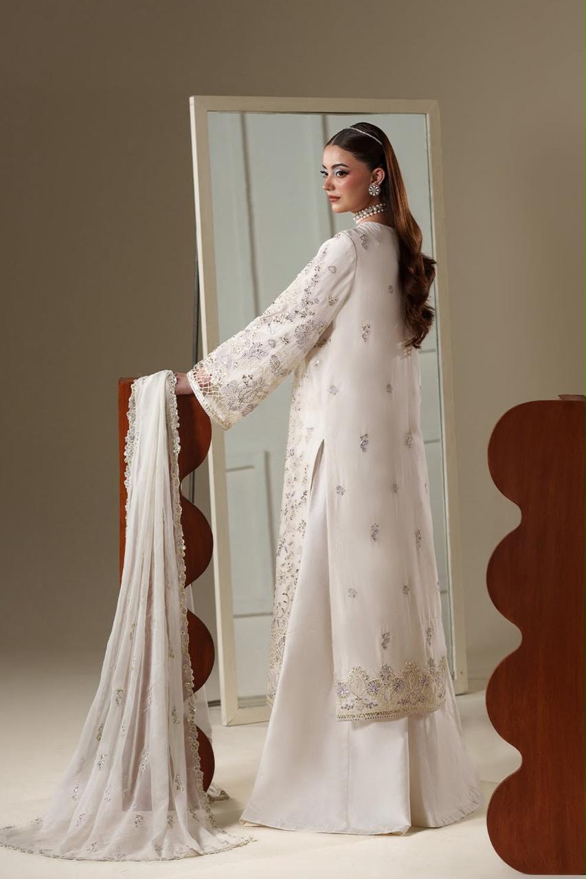 Pure Chiffon Off White Embroidered Dress - WW604