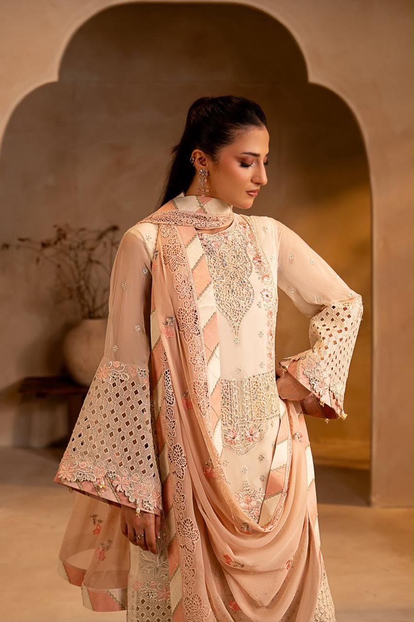 Pure Chiffon Cream & Pink Embroidered Dress - WW607