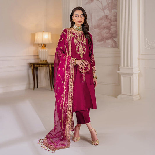 Pure Velvet Pink Embroidered Dress with Hand Bag - VC016