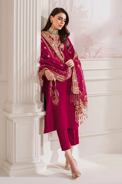 Pure Velvet Pink Embroidered Dress with Hand Bag - VC016