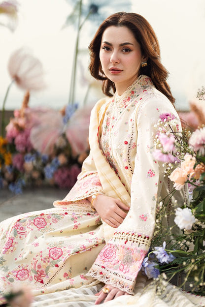 Pure Lawn Cream Embroidered Dress - LL240