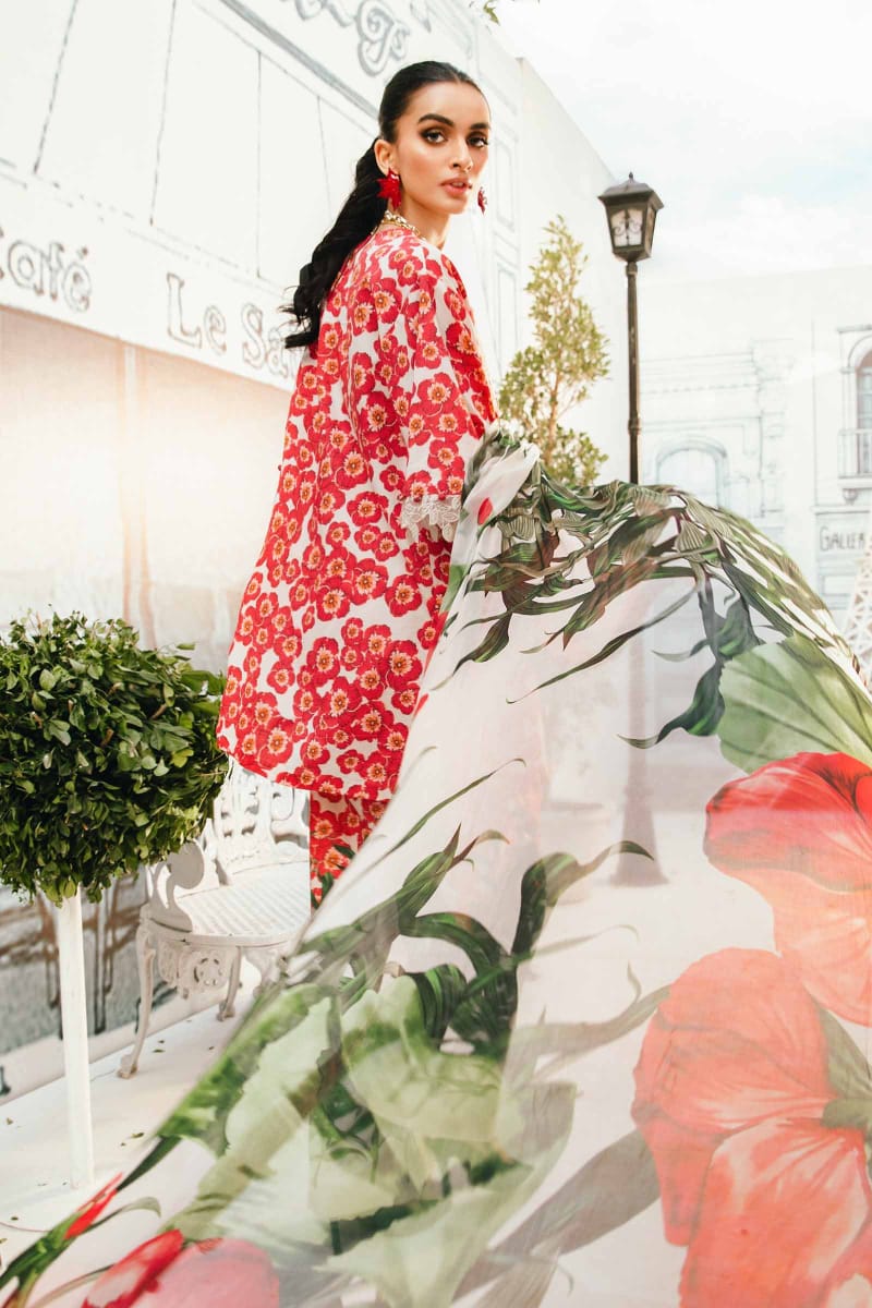 Pure Lawn Red & White Embroidered Dress - LL227