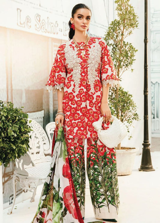 Pure Lawn Red & White Embroidered Dress - LL227