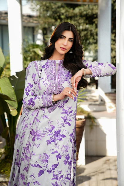 Pure Lawn White & Purple Lawn Embroidered Dress - LL303