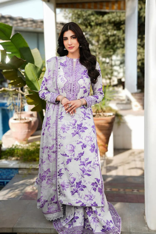 Pure Lawn White & Purple Lawn Embroidered Dress - LL303