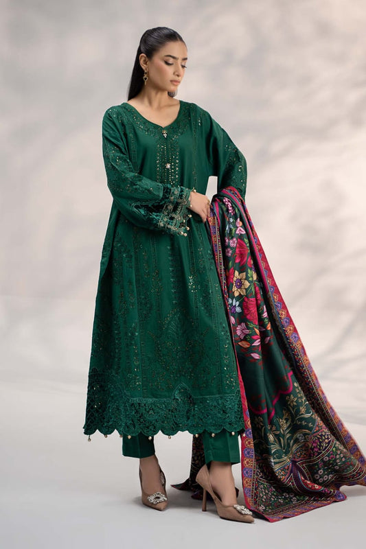 Pure Lawn Bottle Green Embroidered Dress : LL290