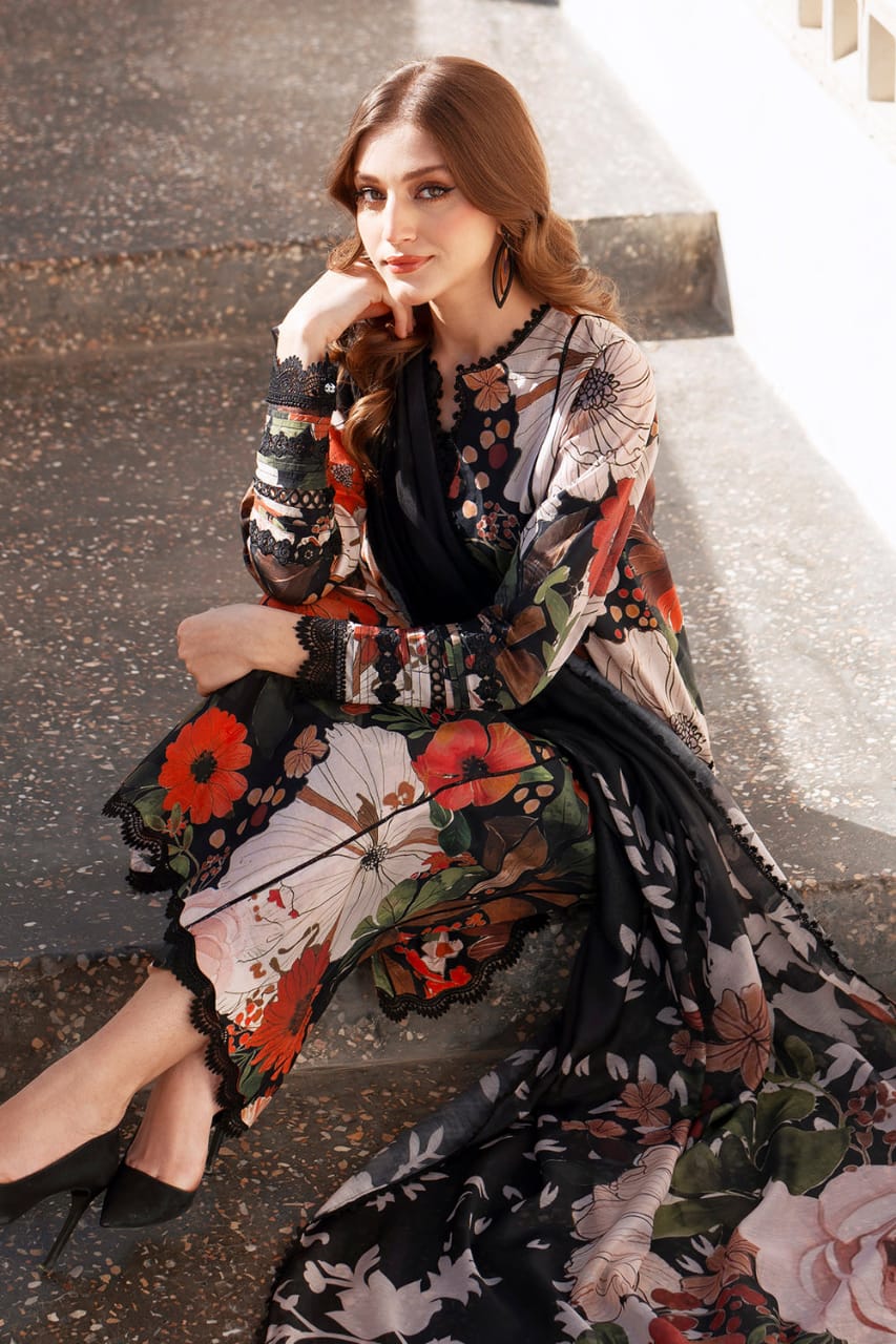 Pure Lawn Black Multi Embroidered Dress - LL311