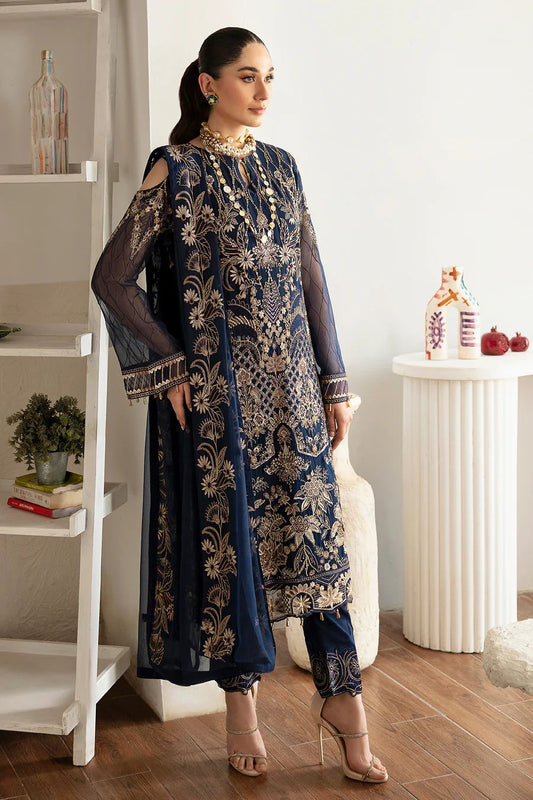 Pure Chiffon Navy Blue Embroidered Wedding Dress - PW422