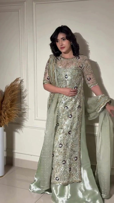 Pure Mysoori Sea Green Embroidered Dress - WW534
