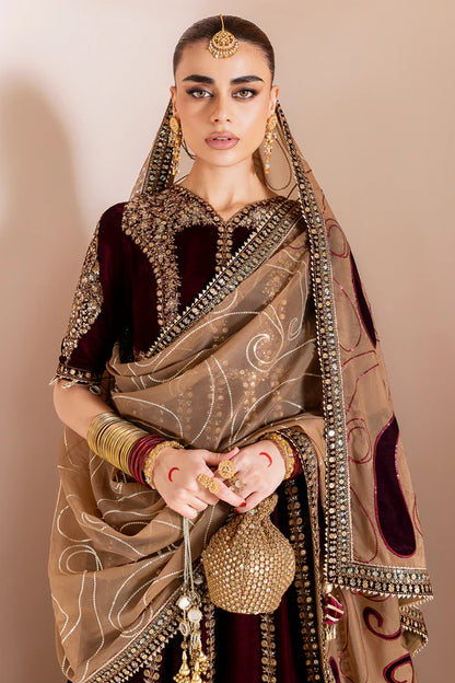 Pure Velvet Mahroon Embroidered Maxi Dress With Hand Bag - VC019