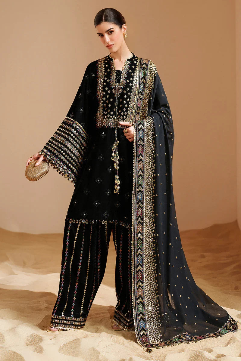 Pure Velvet Black Embroidered Dress - VC025
