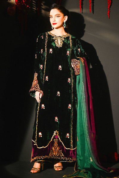 Pure Velvet Bottle Green Embroidered Dress - VC026