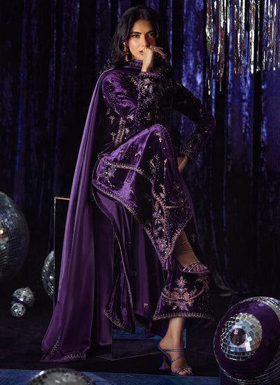 Pure Velvet Purple Embroidered Dress - VC027