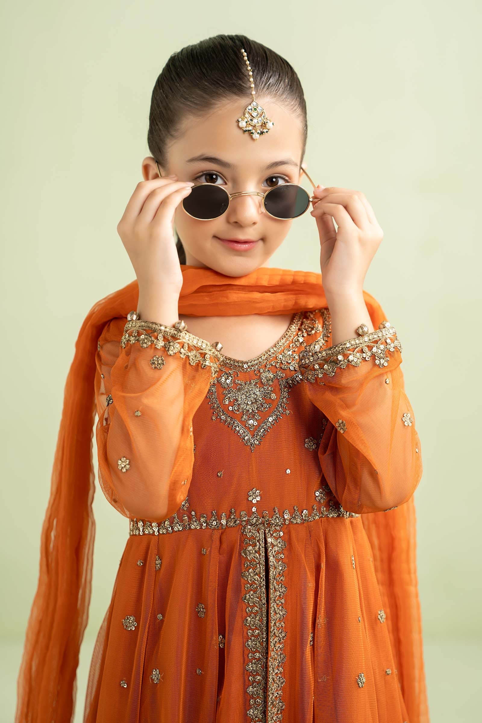 Pure Chiffon Embroidered Orange Kids Outfit - RS002