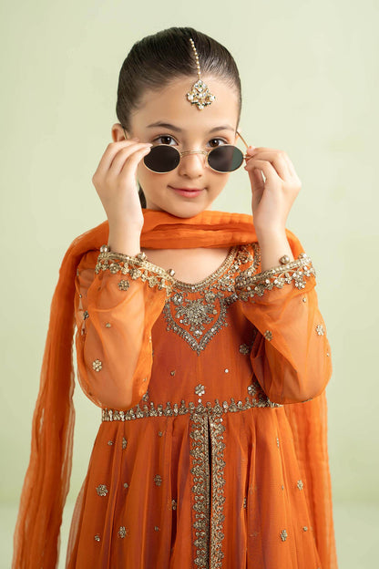 Pure Chiffon Embroidered Orange Kids Outfit - RS002