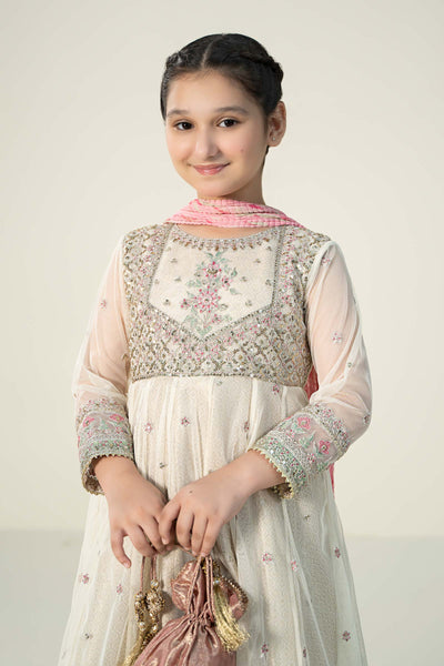 Pure Chiffon Embroidered Pearl White Kids Outfit - RS003